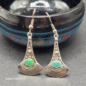 Vintage Bell Carved Green Onyx Gemstone Silver Dangle Handmade Earrings